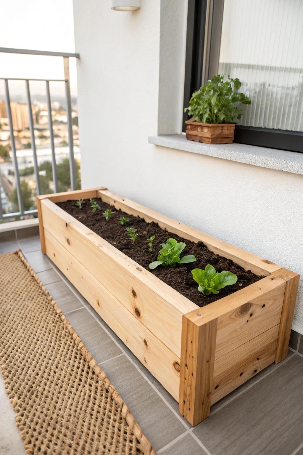 A tidy rectangular raised bed—small-space friendly, intentional, and effortlessly neat.