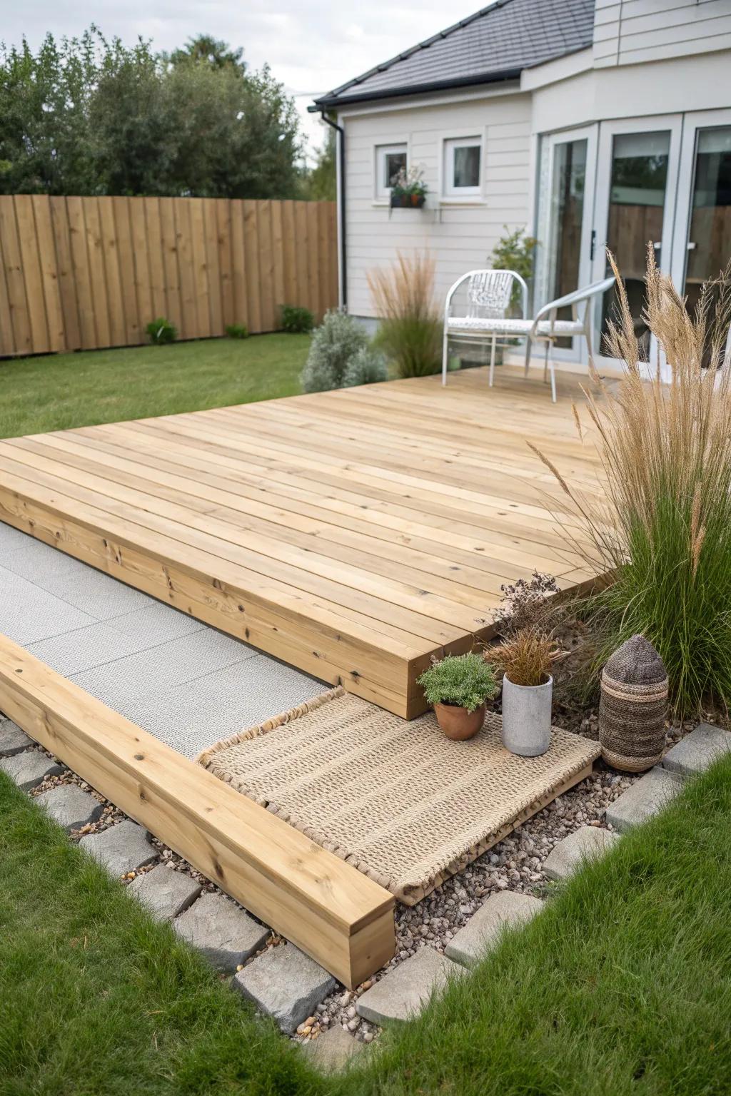 A simple ground-level rectangle deck—low, clean-lined, and perfect for making small gardens feel bigger.