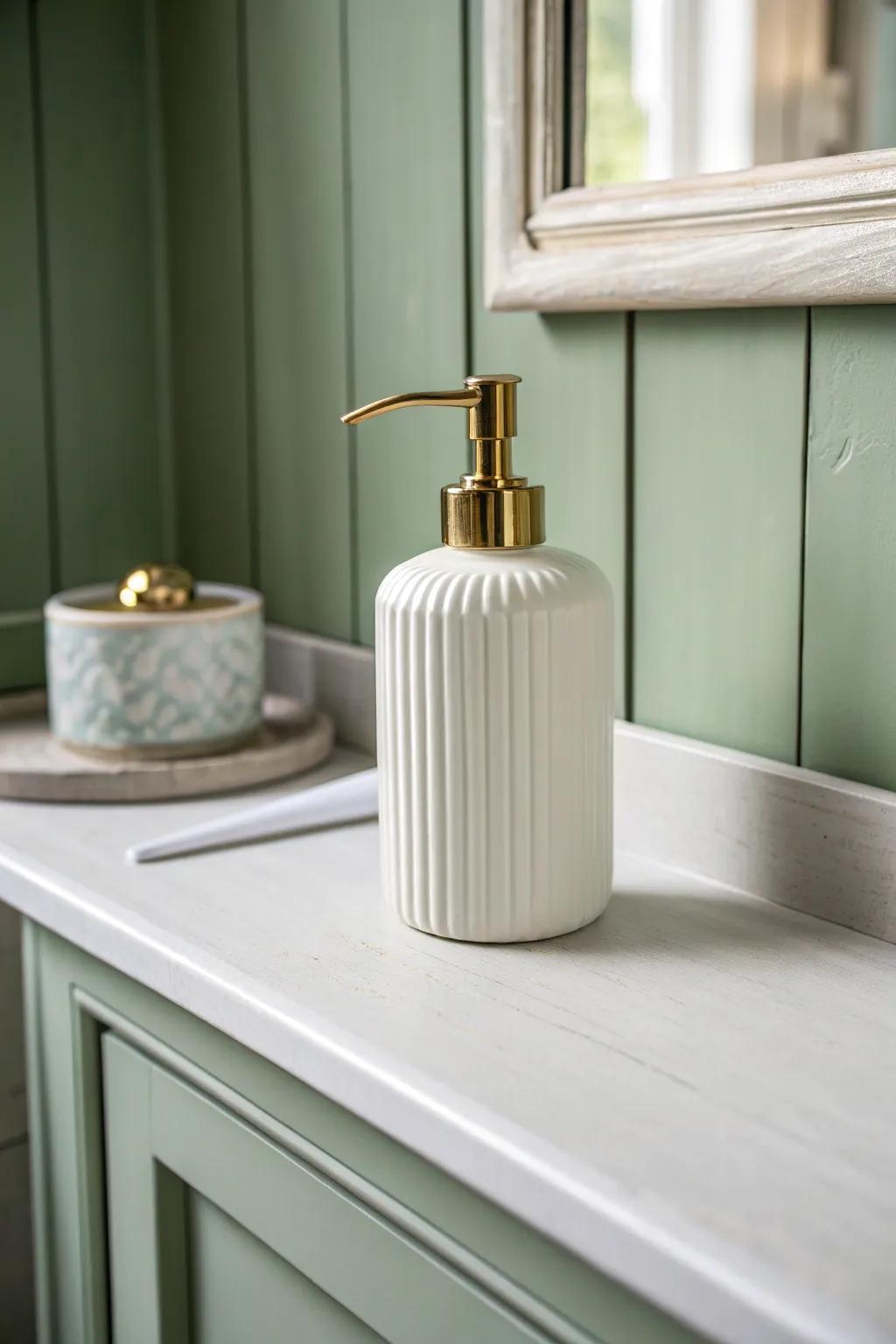 Soft sage wall + crisp white trim make this tiny bathroom feel airy, calm, and clean.