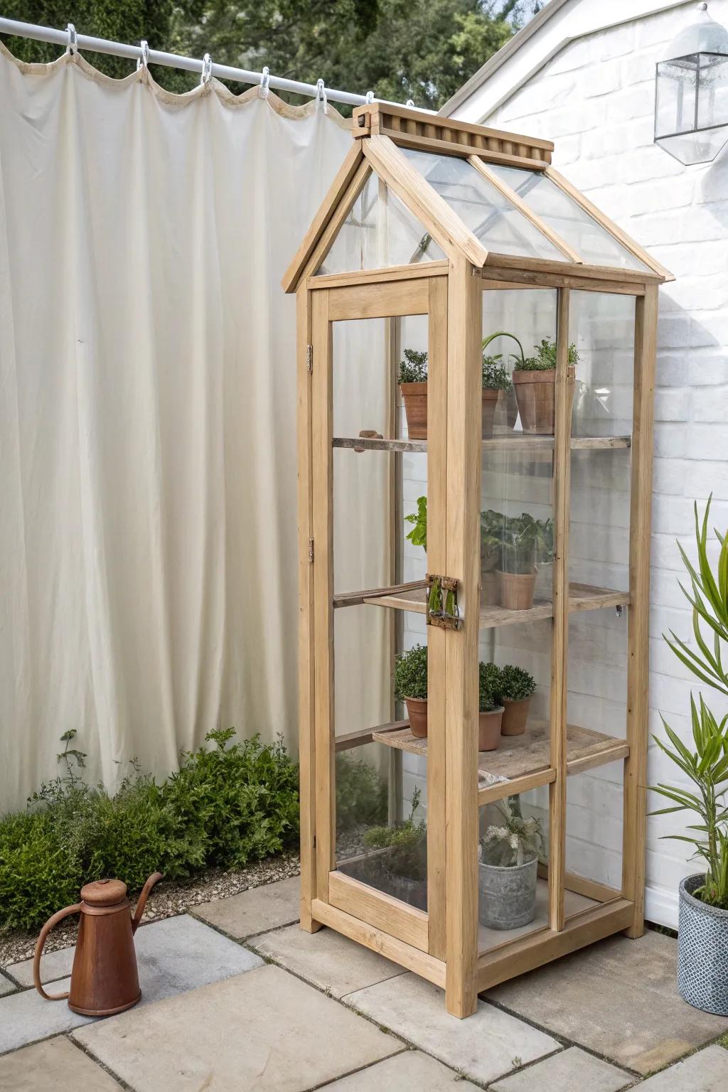 A classic freestanding mini greenhouse—slim footprint, one shelf, big garden charm.