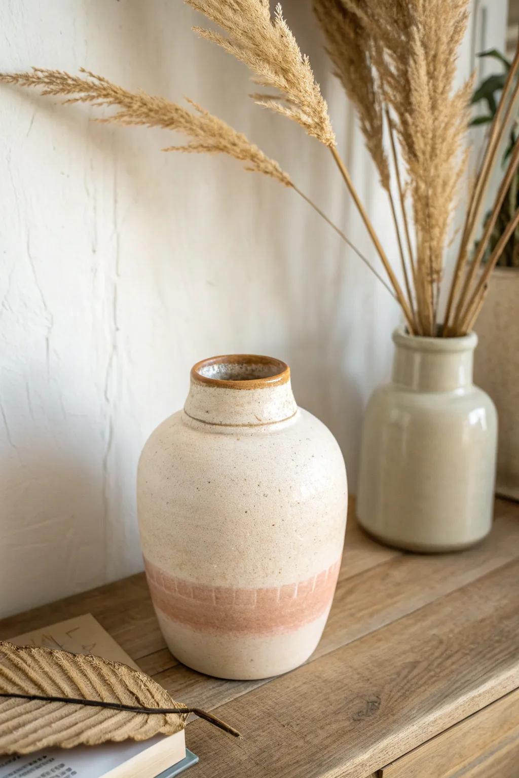 A creamy ceramic vase and sunlit shadows show how light tones make a tiny room breathe.