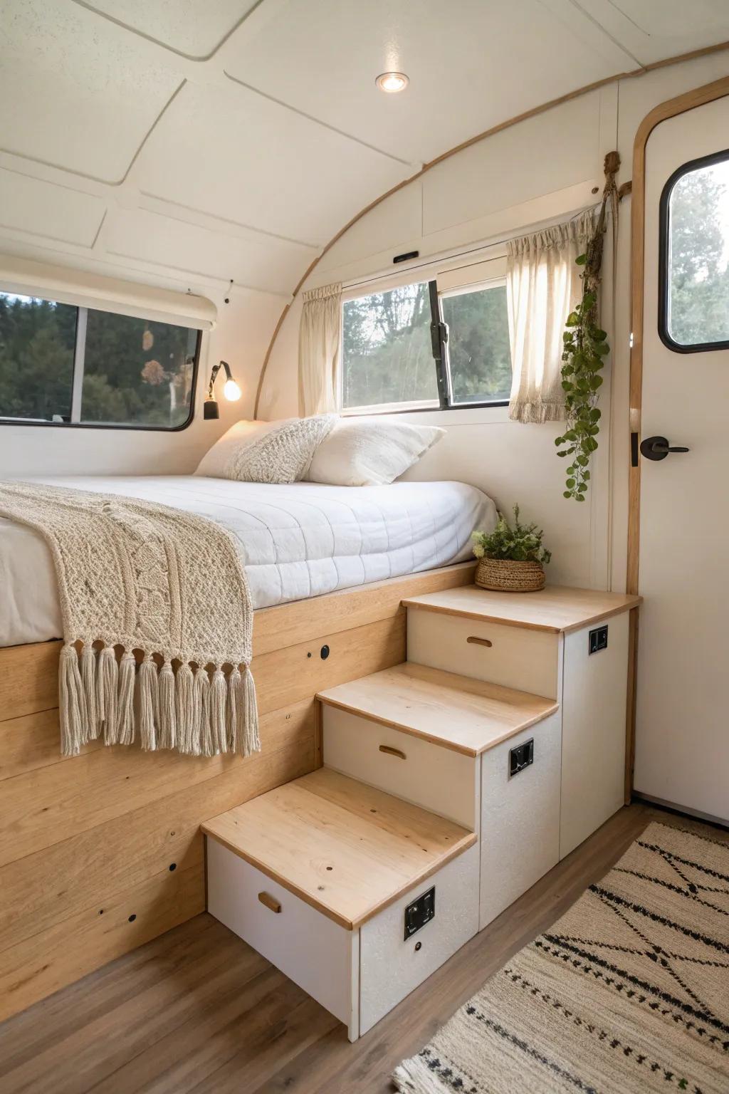 Gooseneck bed + hidden storage steps: the calm, clutter-free upgrade for tiny trailers.