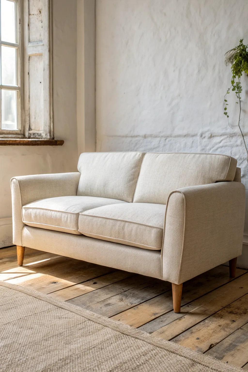 A compact sofa with airy “landing space” makes a small living room feel calm and open.