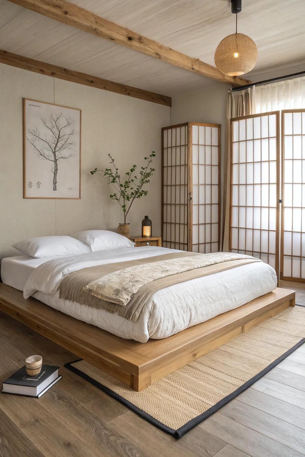 A low platform bed keeps a small bedroom airy, calm, and instantly taller-looking.