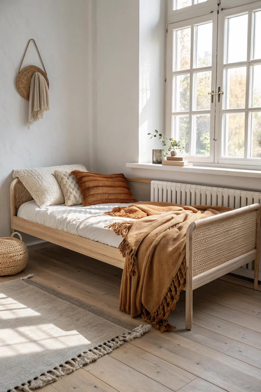 A slim daybed along one wall keeps the floor open for play—minimal, cozy, and chic.