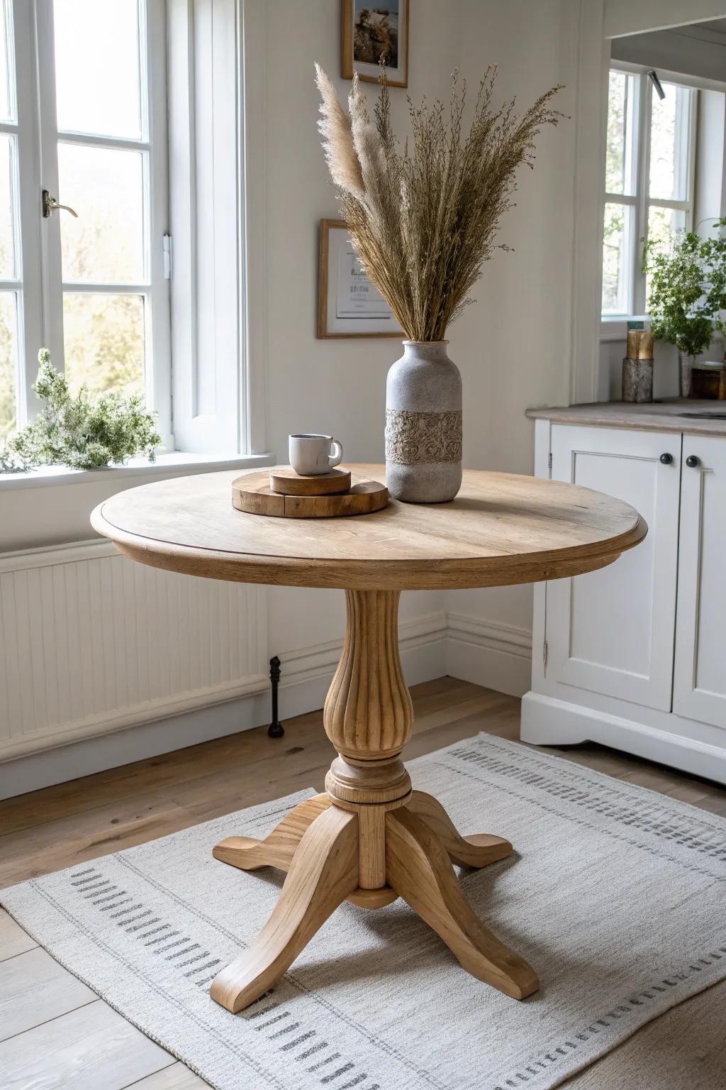 A round pedestal table softens a small kitchen nook—no corner legs, just easy flow.