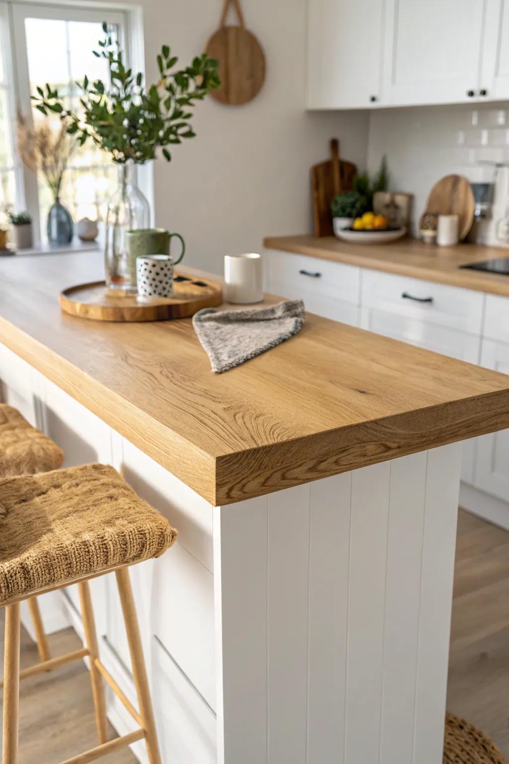 A simple counter overhang creates an instant breakfast bar—no bulky table needed.