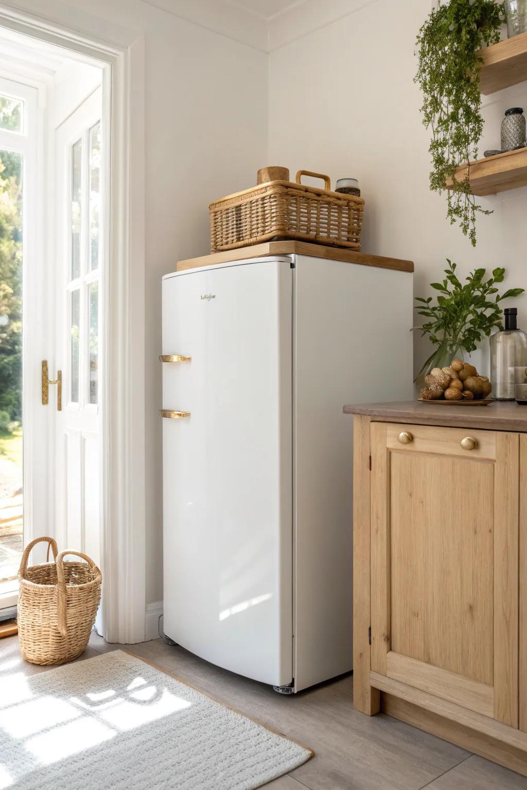 Let the fridge own the corner—more floor space, calmer flow, and a lighter-looking kitchen.