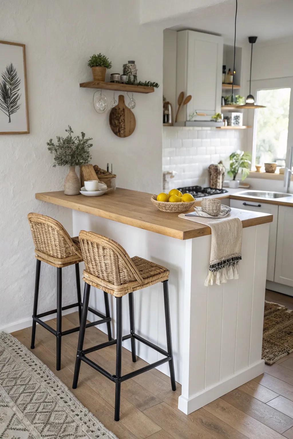 Wall-mounted peninsula: island vibes, zero bulk—perfect prep space and a cozy perch.