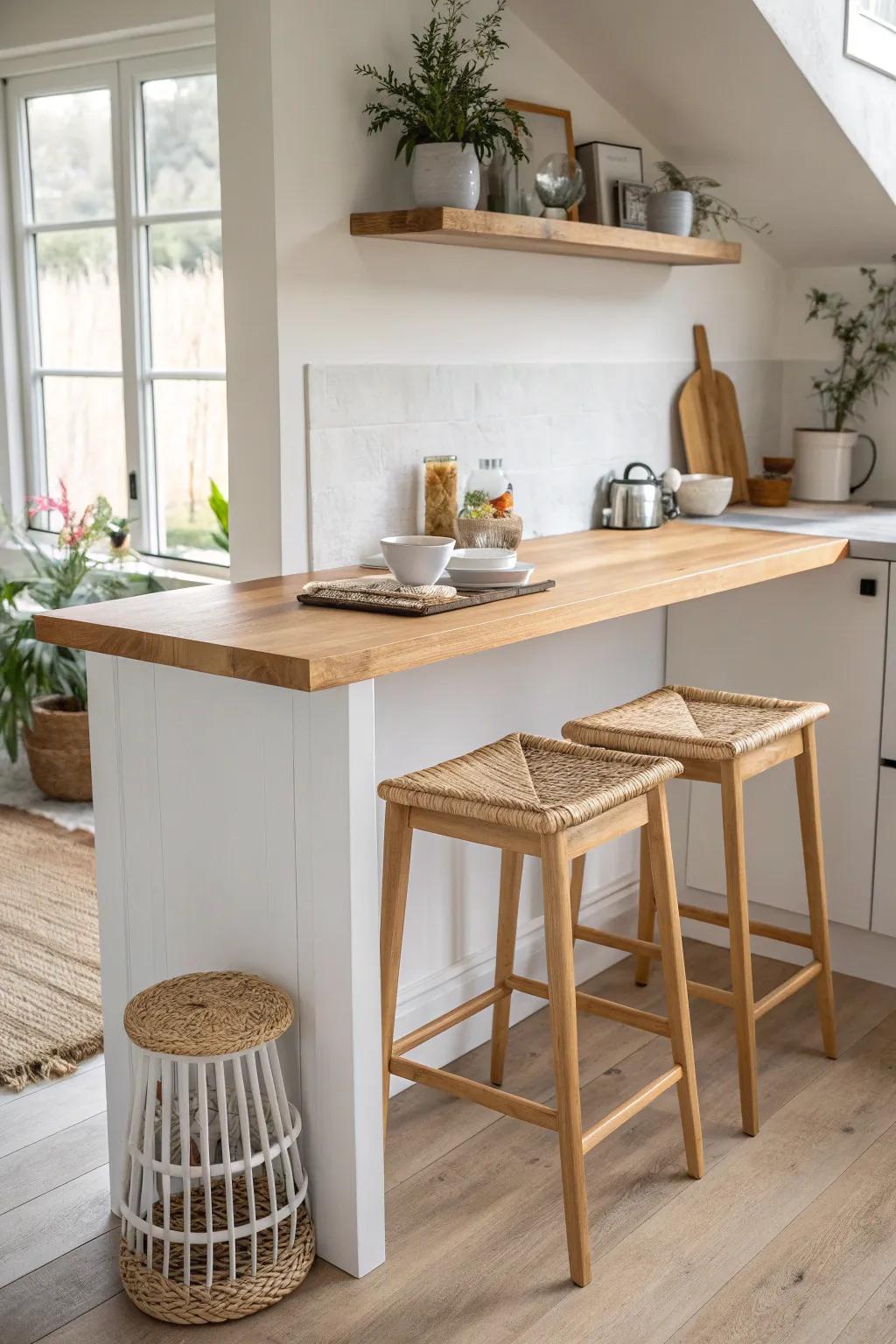 A simple peninsula overhang creates a cozy breakfast bar—no dining table needed.