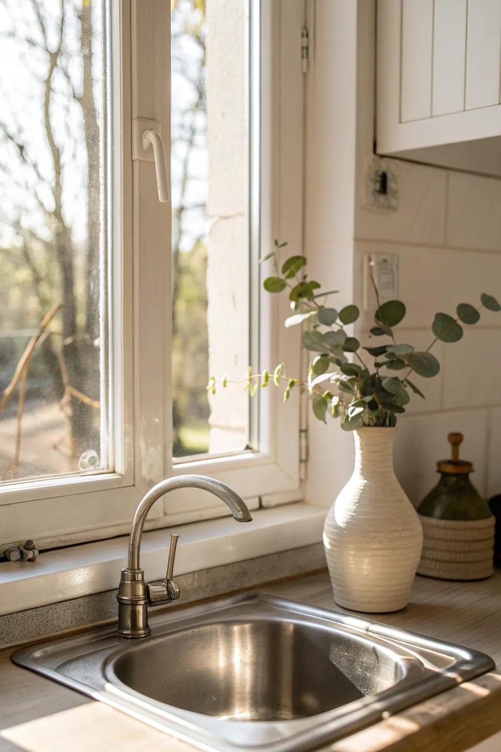 Bare kitchen window over the sink—spotless glass and semi-gloss trim for airy light.