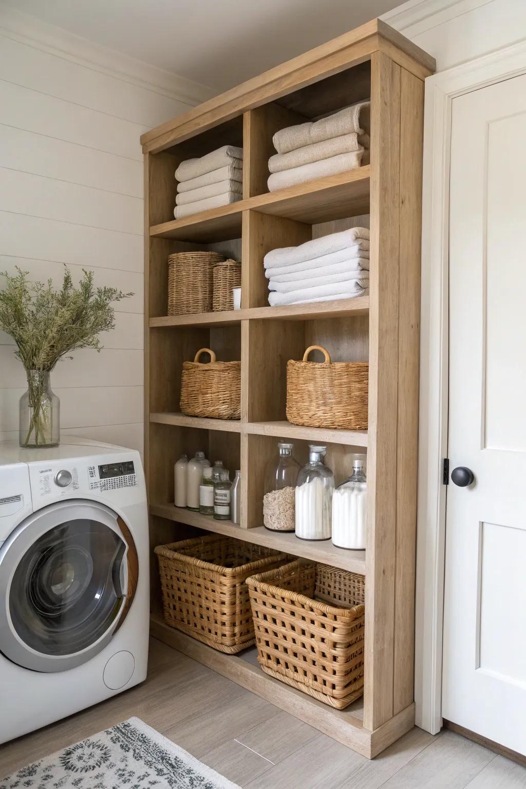 One shelf divider = pantry left, laundry right—clean zones that make small spaces feel bigger.