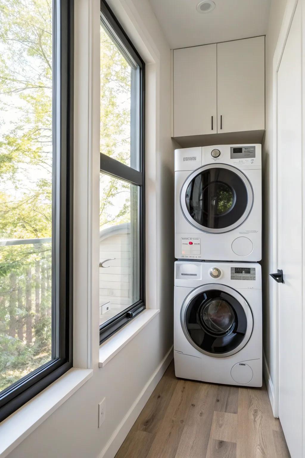 Place your washer-dryer under the window to add light, air, and a less boxed-in feel.