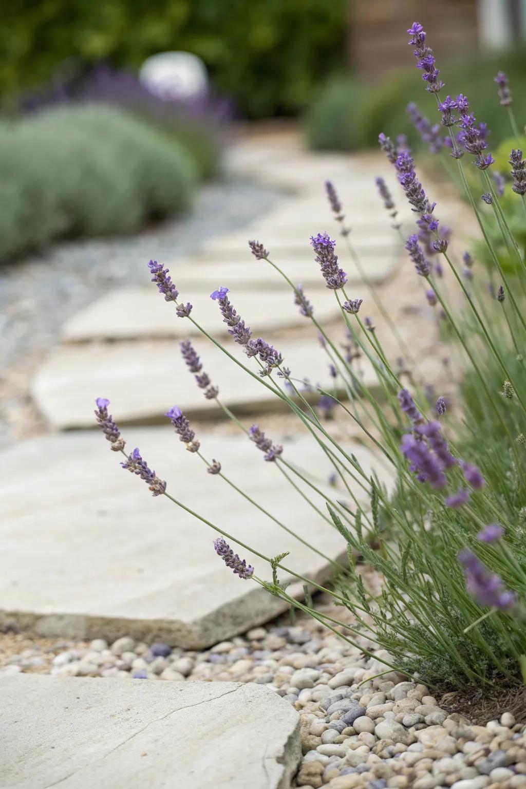 Lavender edging turns a tiny stepping-stone path into a calming, scented garden moment.