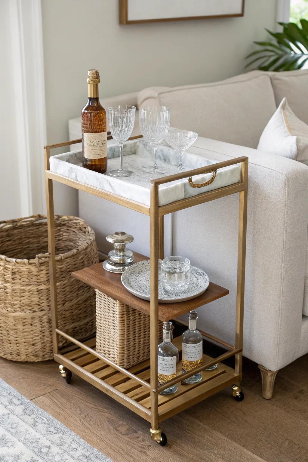 A slim bar cart turns a tight living-room corner into an instant, roll-out hosting station.