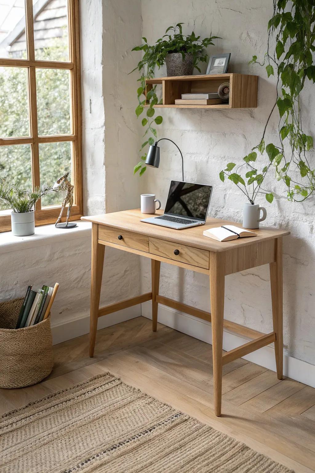 A slim corner desk + one floating shelf turns unused space into a calm living room office.
