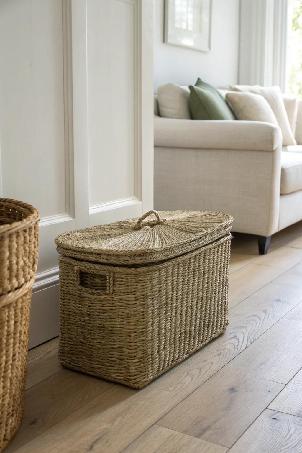 Clear the floor, open the flow—one pretty basket keeps clutter contained in a tiny living room.