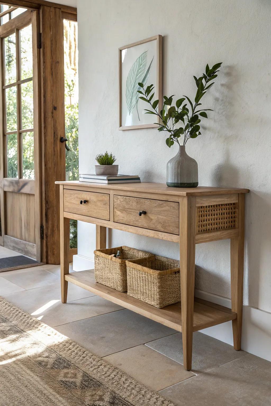 A light, calm palette in the lobby—creamy whites and warm oak make the space feel wider.