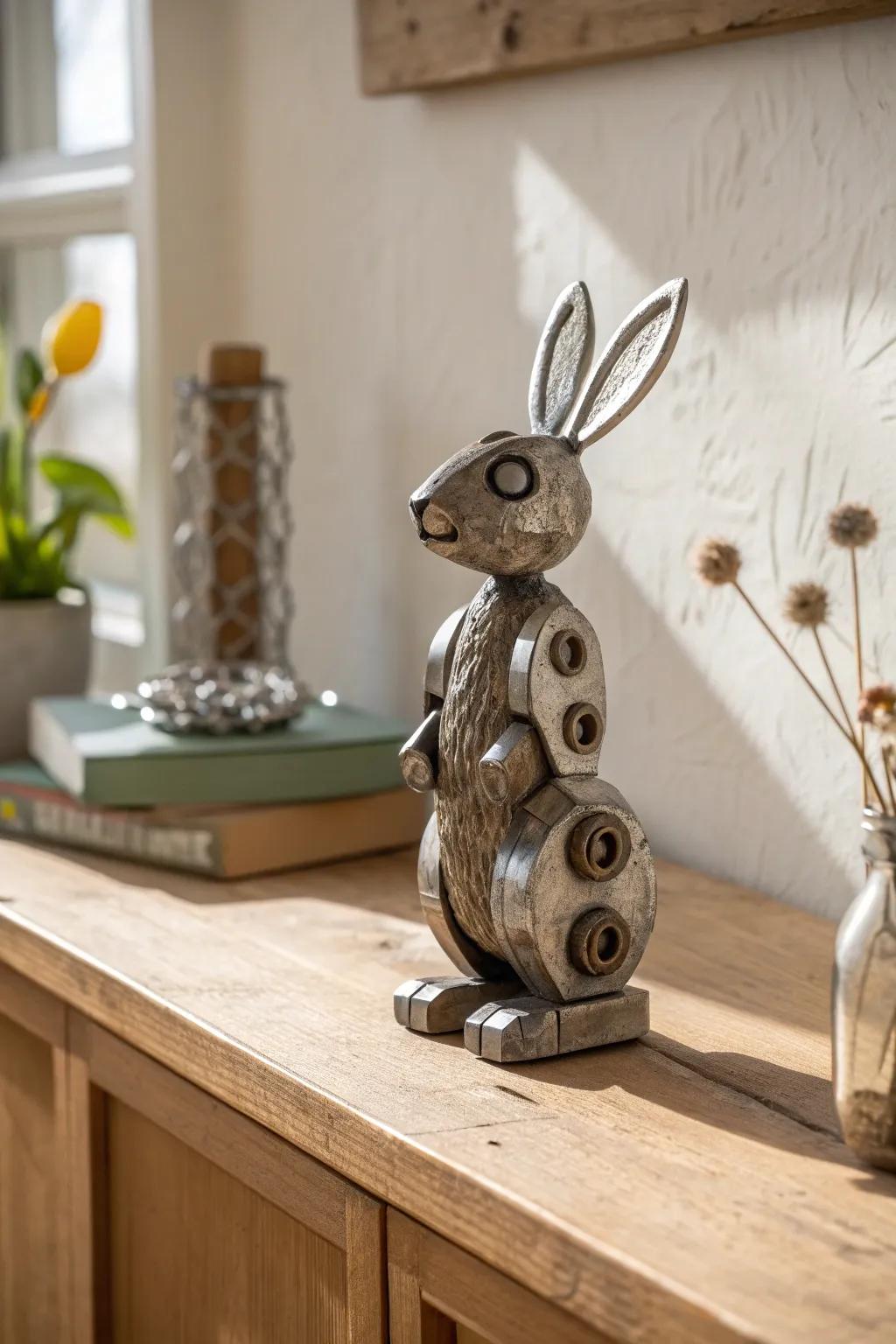 Tiny nuts-and-bolts bunny sculpture—scrap metal charm that fits beautifully on any shelf.