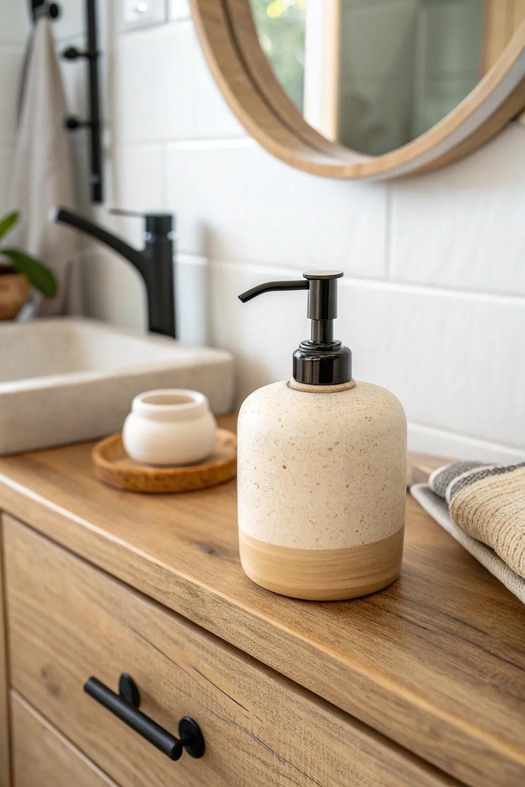 Warm whites and soft beige open up a tiny farmhouse bath—letting wood tones and black accents pop.