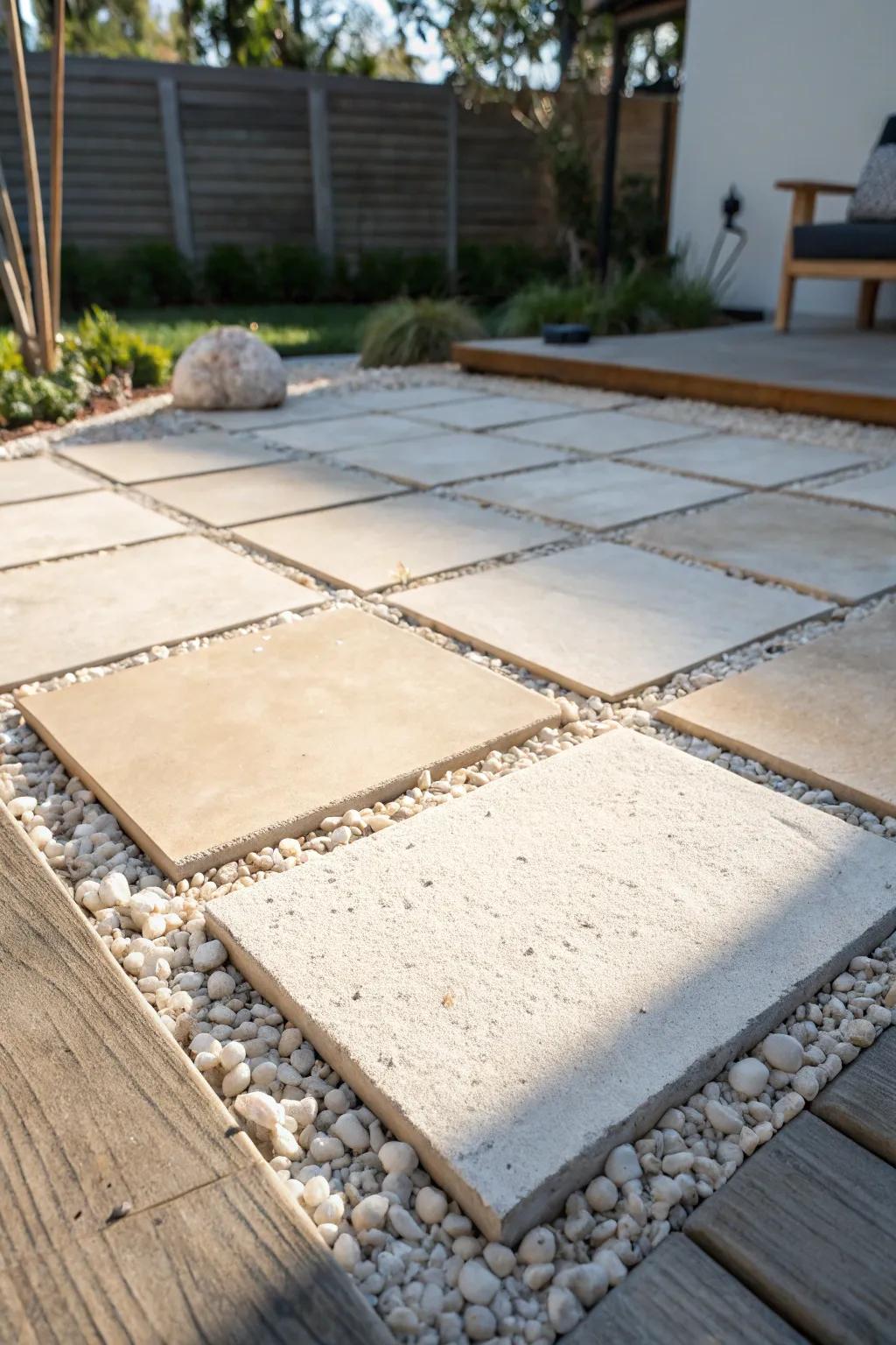A clean paver grid with gravel gaps gives a small patio a modern, spacious feel.