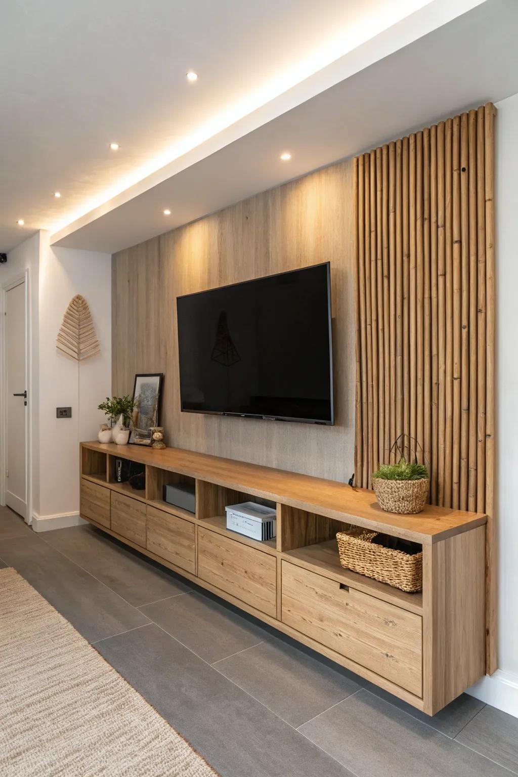 A floating media wall at the far end turns a narrow basement into a cozy destination.