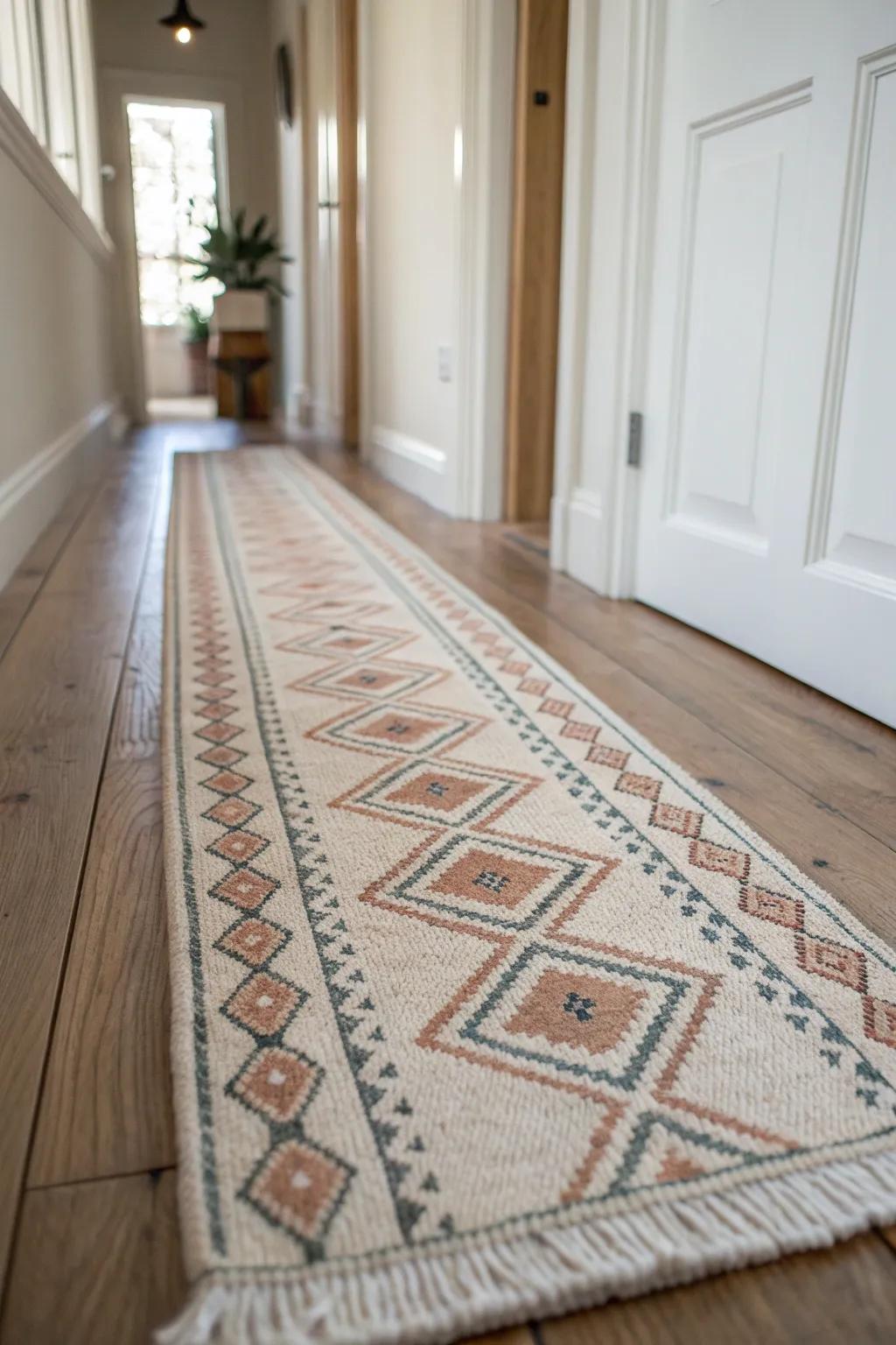 A patterned runner rug adds warmth, hides dirt, and makes a narrow hallway feel finished.