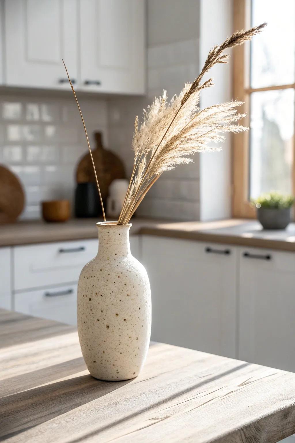 Light walls + a simple crafted accent make a narrow kitchen feel instantly brighter.