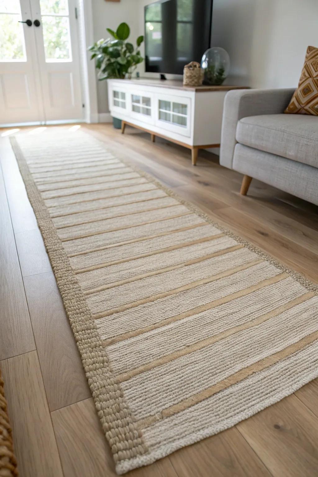 A simple runner defines the galley walkway—instantly making a narrow living room feel effortless.
