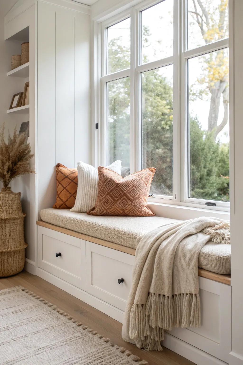 A calm window-seat nook with hidden storage—soft linen cushions and Scandinavian simplicity.