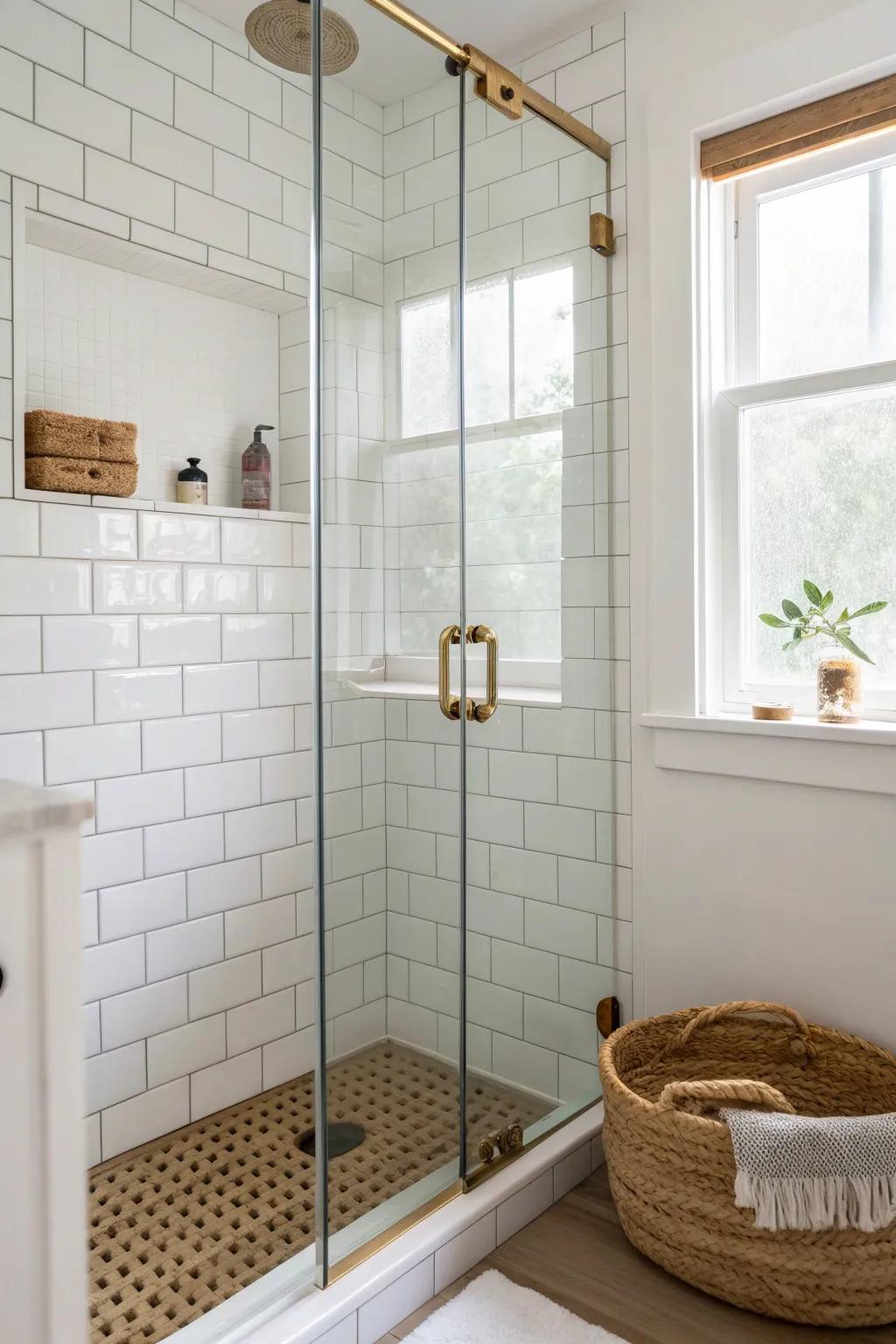 A clear glass shower panel keeps a tiny NYC bathroom feeling open, bright, and seamless.