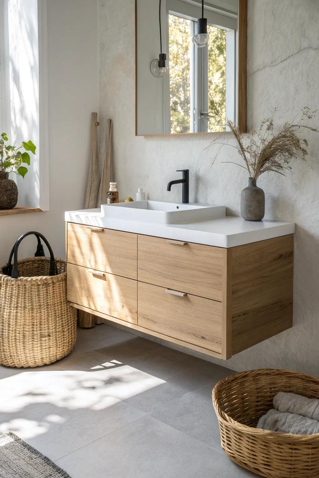 A floating vanity opens the floor, making a tiny office bathroom feel instantly bigger.