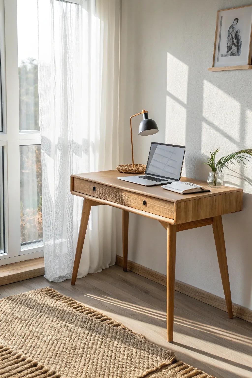 Place a slim oak desk beside the window—instant energy and a small office that feels intentional.