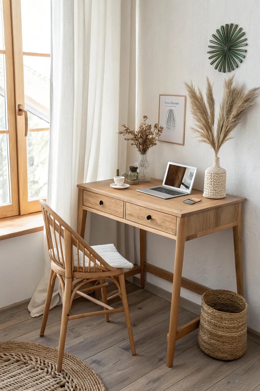 A corner desk nook that keeps the center clear—small space, big airy feel.