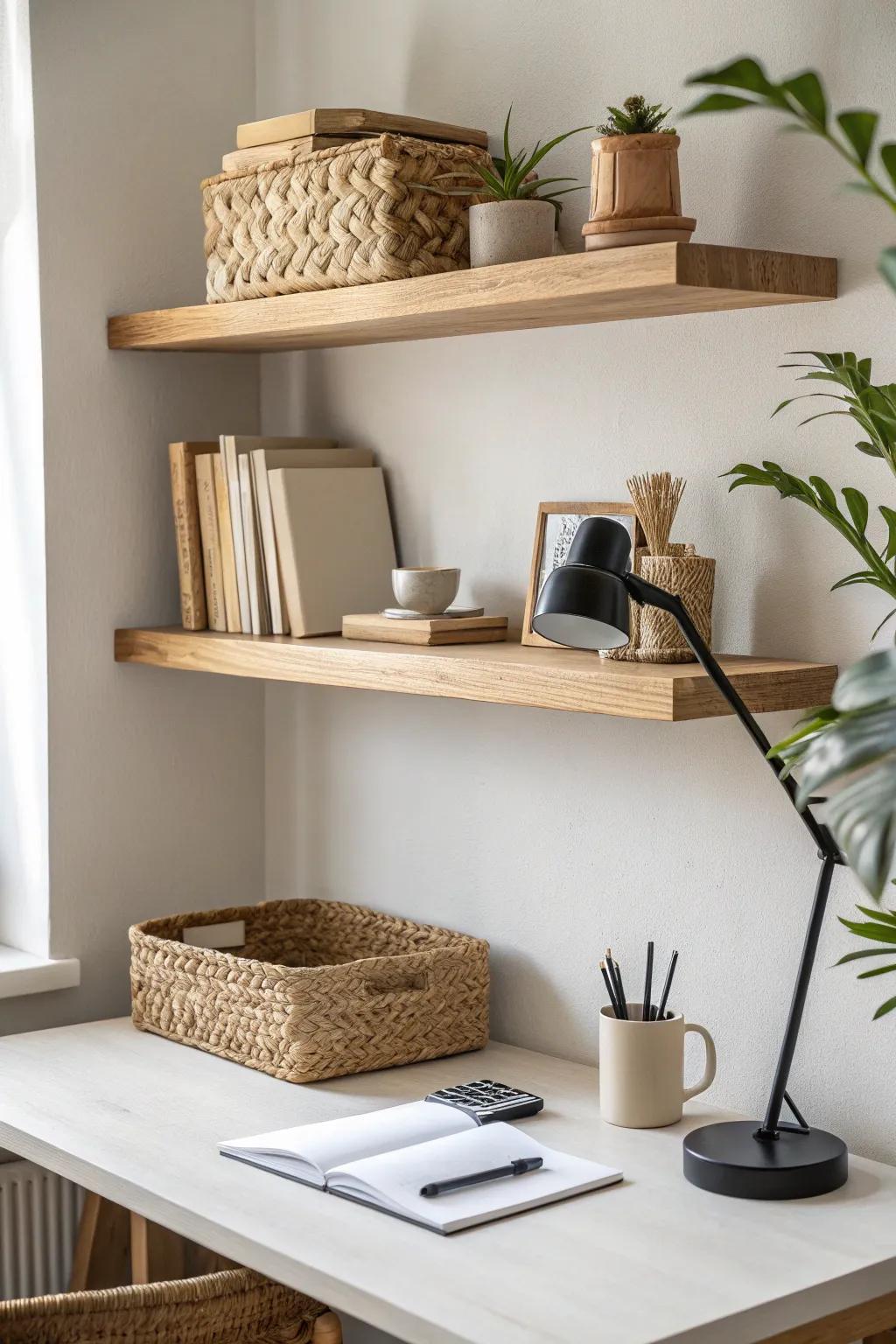 Floating shelves above the desk keep small-office storage tidy while your desktop stays clear.