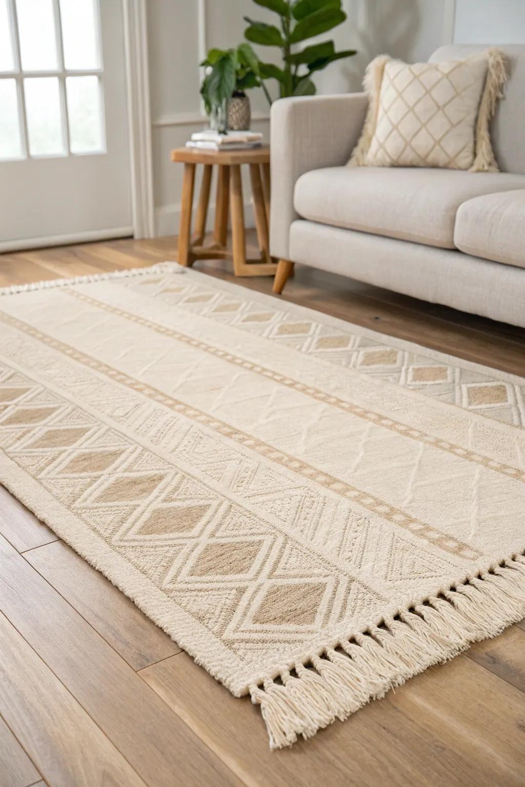 One oversized rug creates a cozy living zone in an open floor plan—no walls needed.