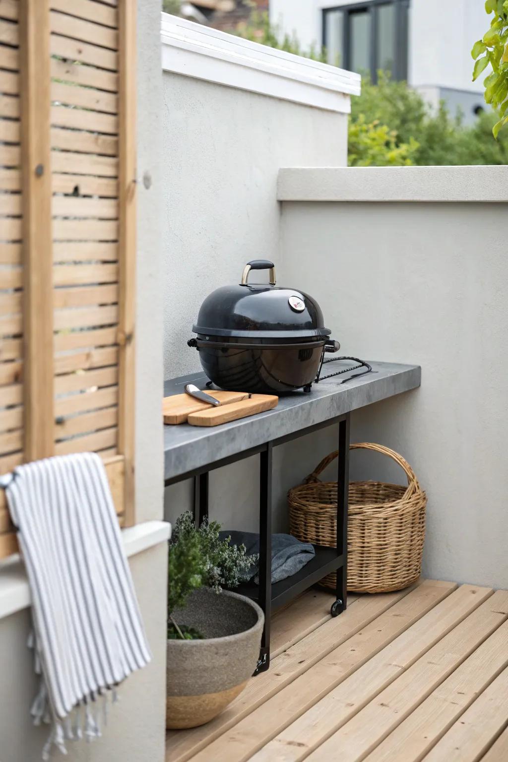 A compact grill tucked into a deck corner with a slim counter makes a tiny BBQ zone feel built-in.