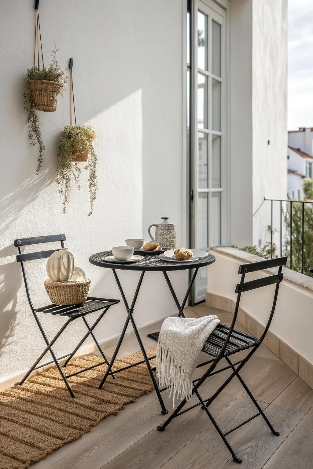 A slim bistro set turns even the tiniest balcony into a chic outdoor dining nook.