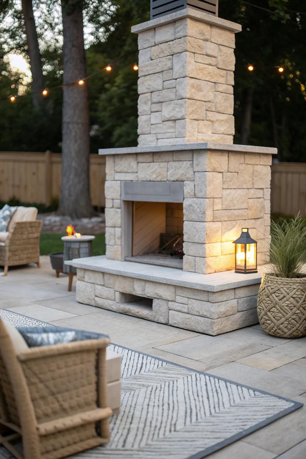 Classic stone fireplace that turns a petite patio into a cozy outdoor room—minimal and warm.