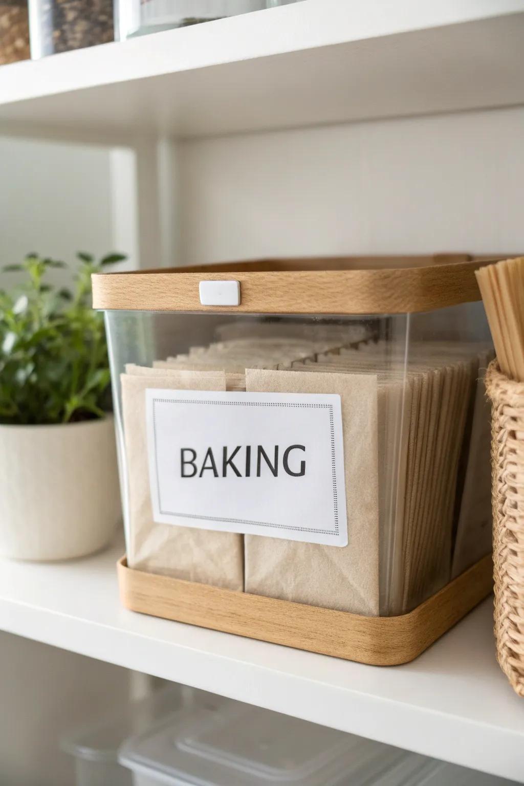 One labeled bin, one zone—simple pantry zoning that makes tiny kitchens feel effortless.
