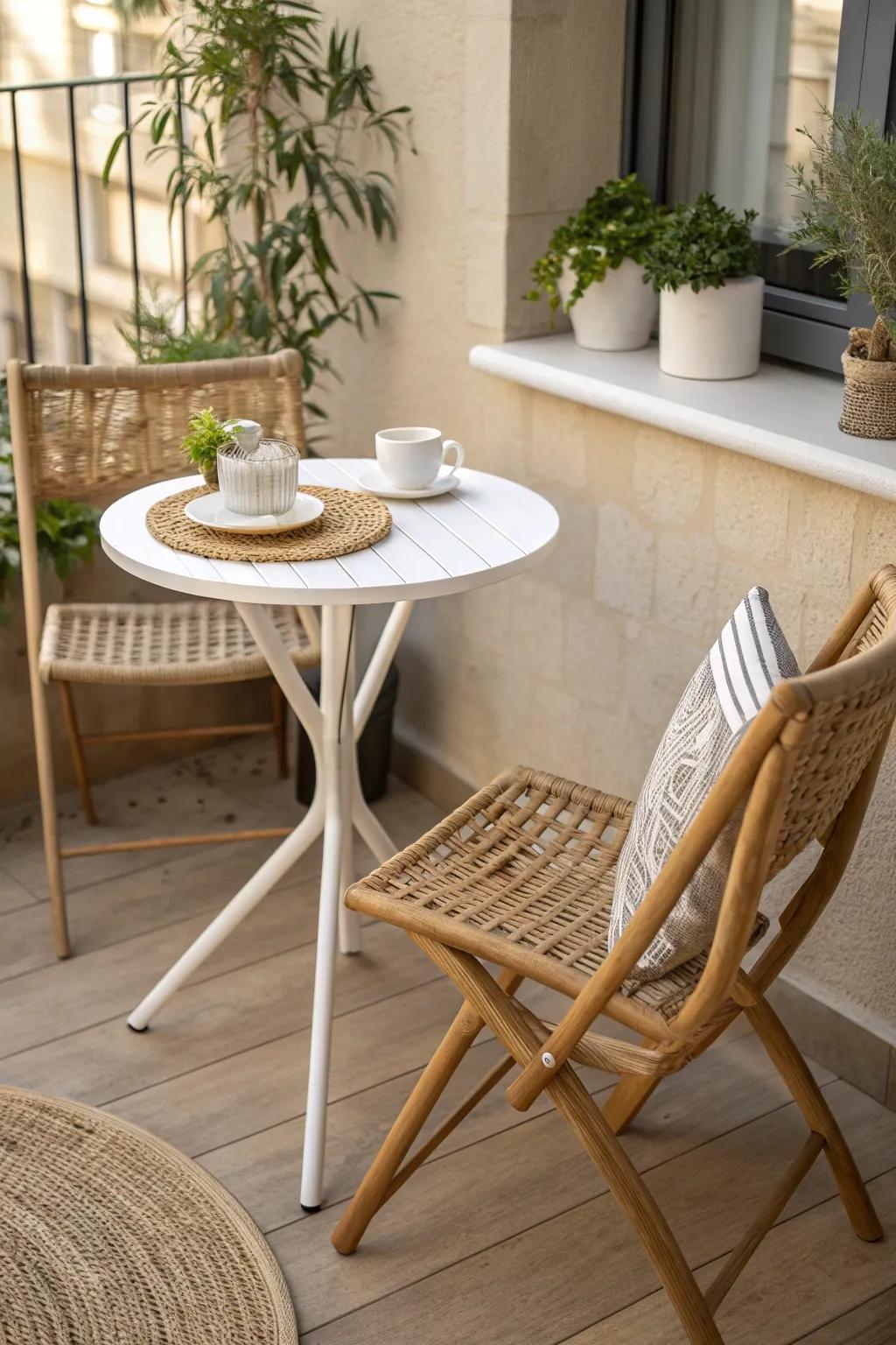 A slim bistro set plus a tiny side table makes even the smallest patio feel styled.