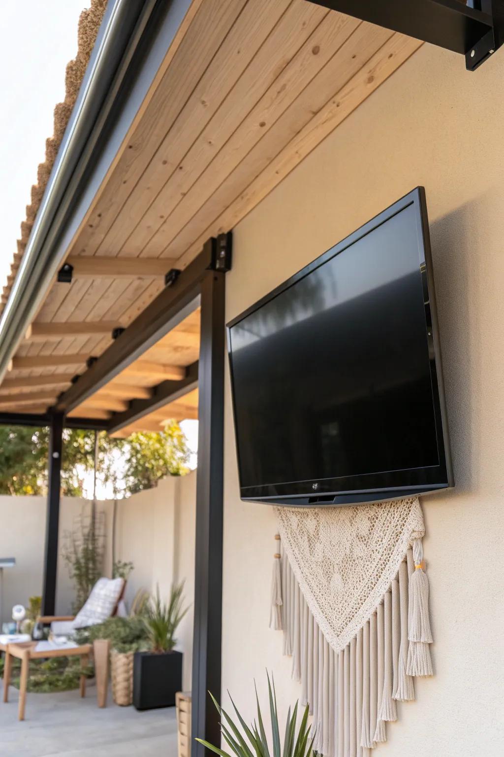 Mount the patio TV under a simple cover to cut glare and keep the screen drizzle-safe.