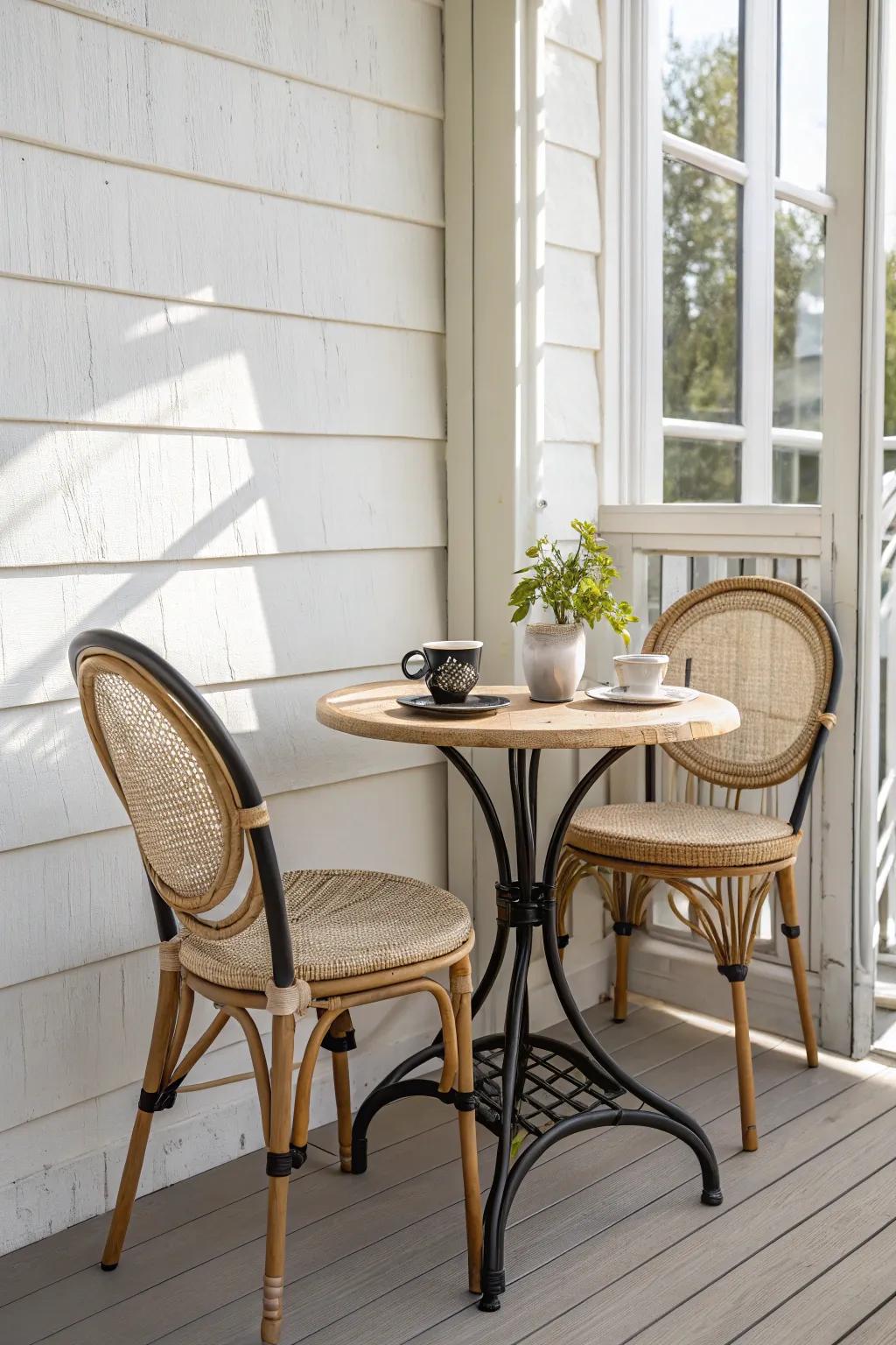 Classic bistro set: petite table and two chairs that fit a narrow porch without blocking flow.