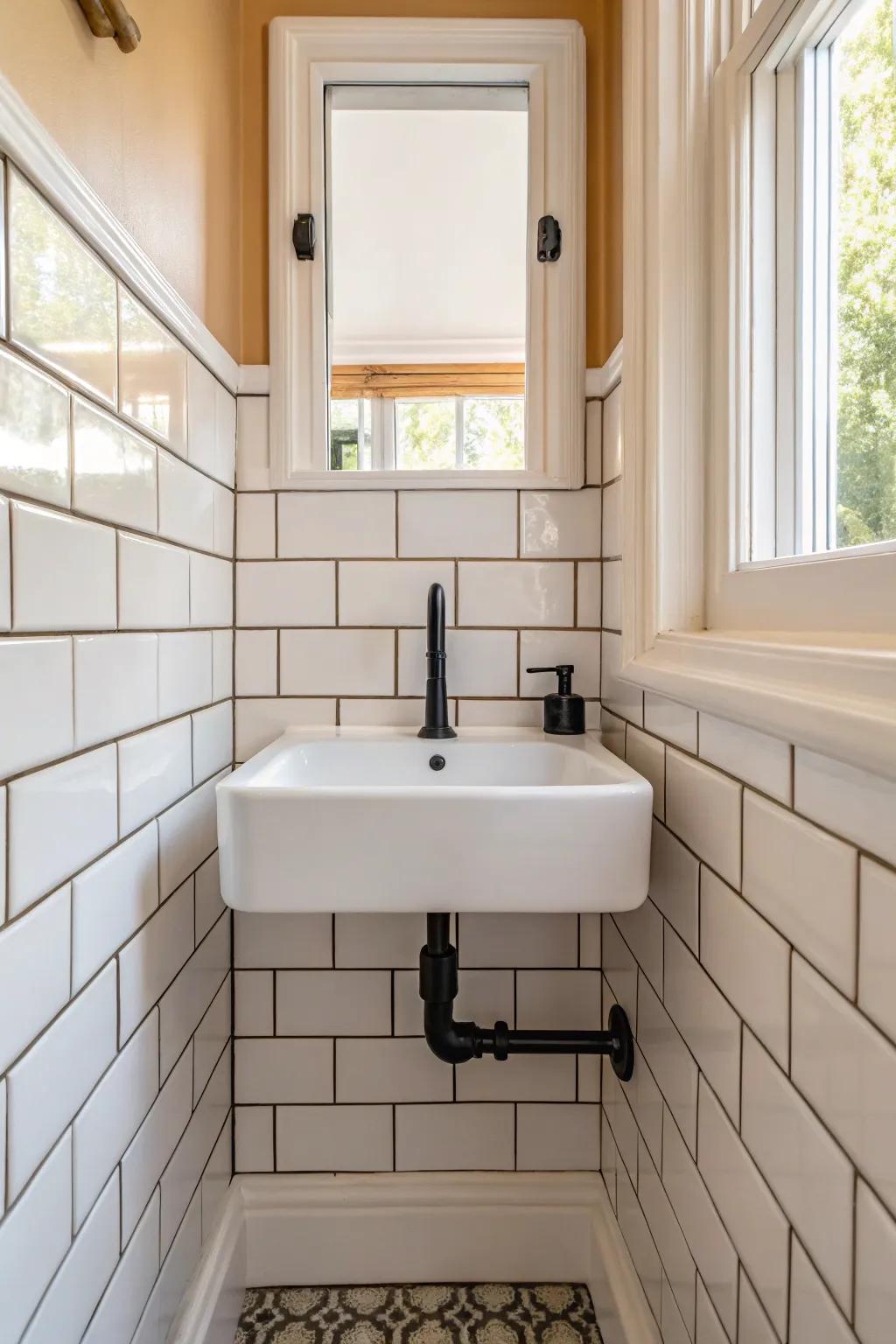 Classic white subway tile feature wall—bright, clean, and perfect for the tiniest powder room.