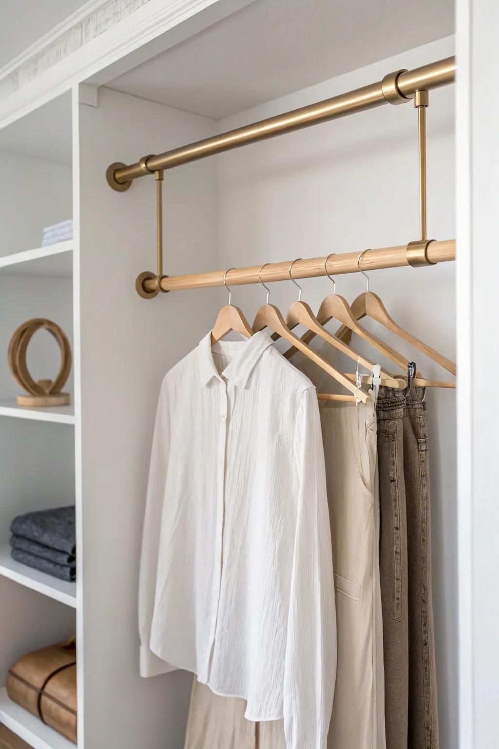 Add a double-hang setup to your reach-in closet: tops above bottoms, instantly more space.