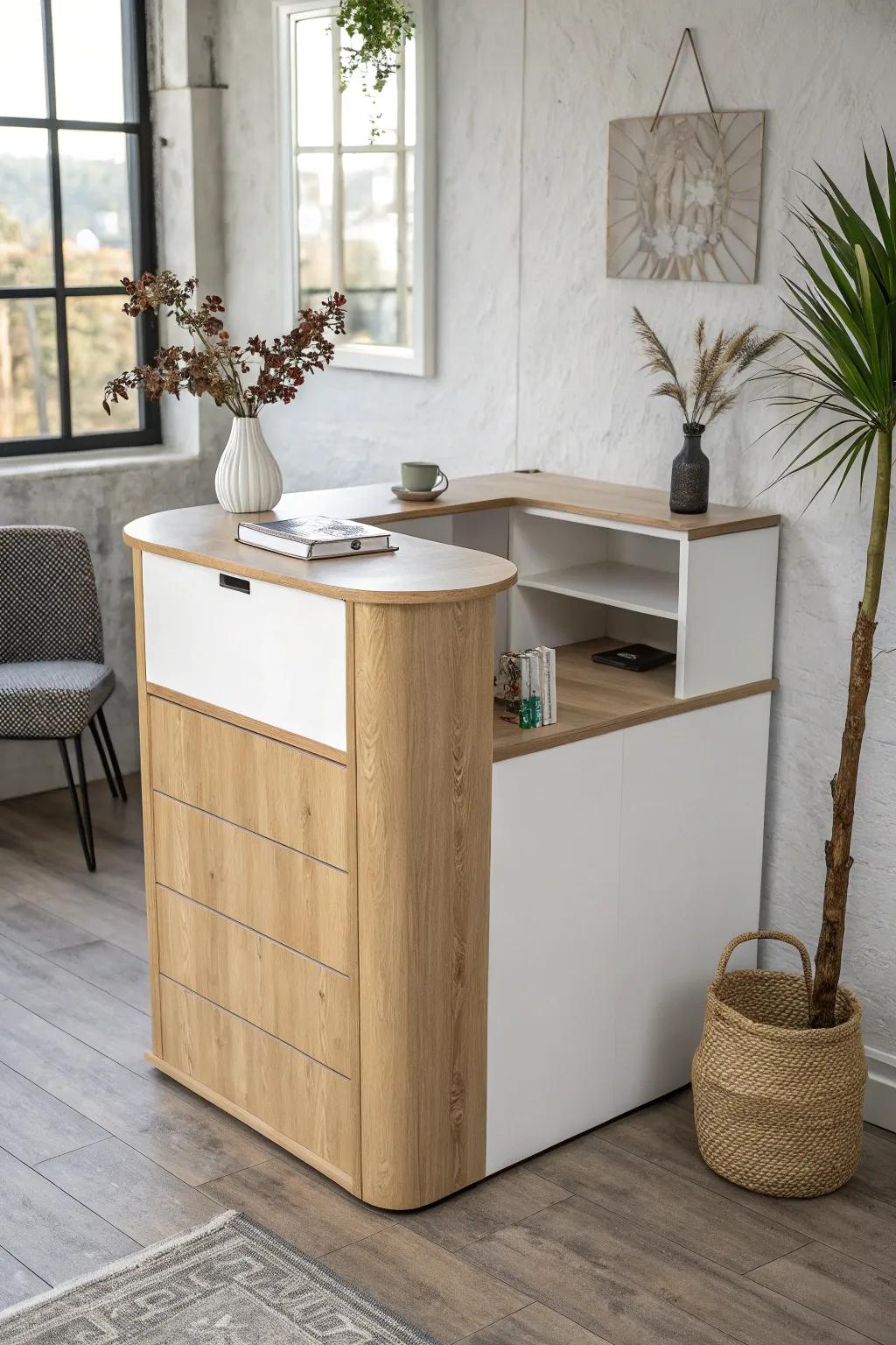 Compact L-shaped corner reception desk—built-in look, clear walkway, calm Scandinavian style.