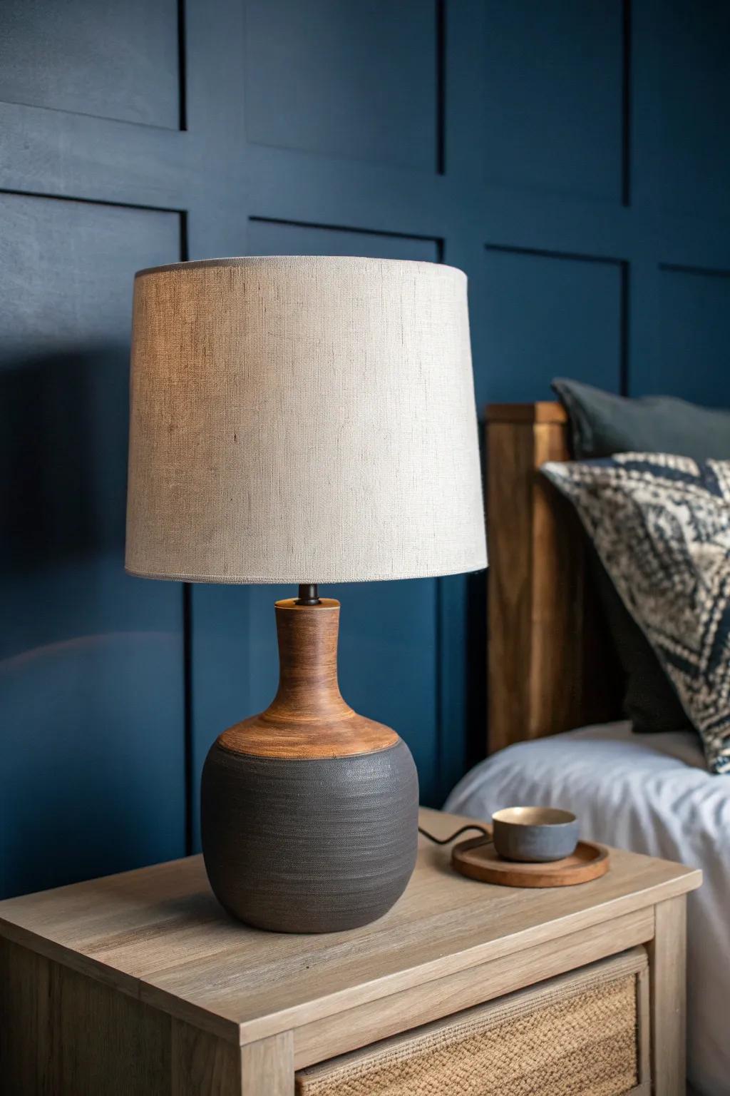 Moody neutrals—charcoal, navy, and warm wood—make even the smallest room feel intentional.
