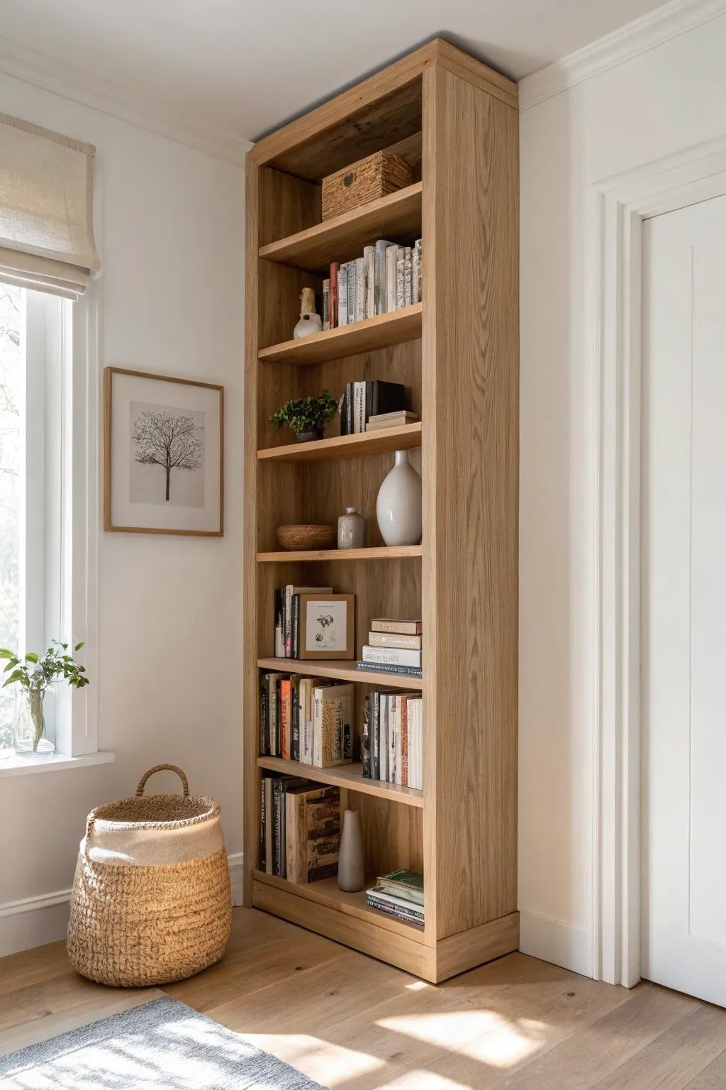A floor-to-ceiling bookshelf that doubles storage and makes a small room feel styled.