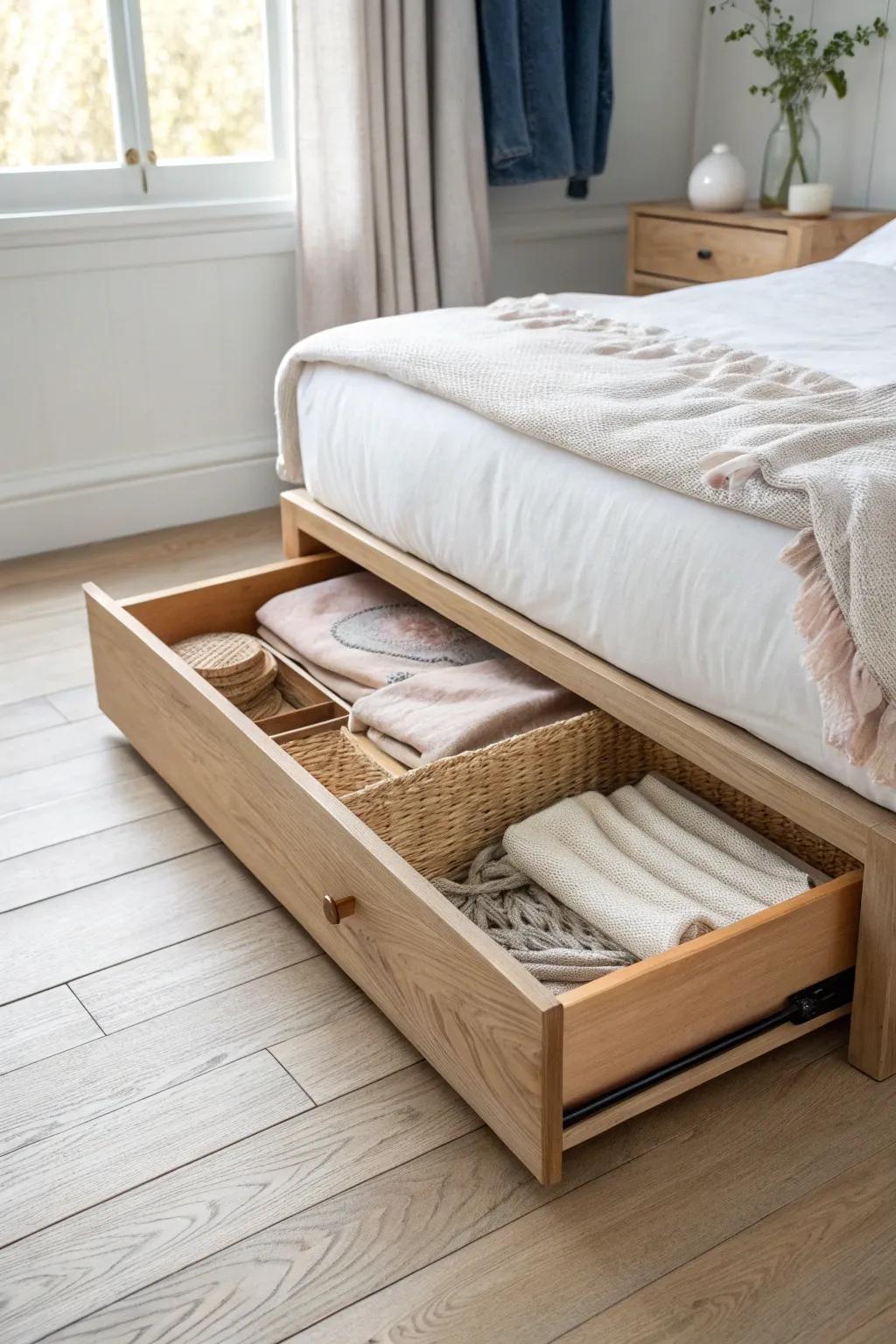 Under-bed drawers turn wasted space into a sleek “second closet” for tiny rooms.