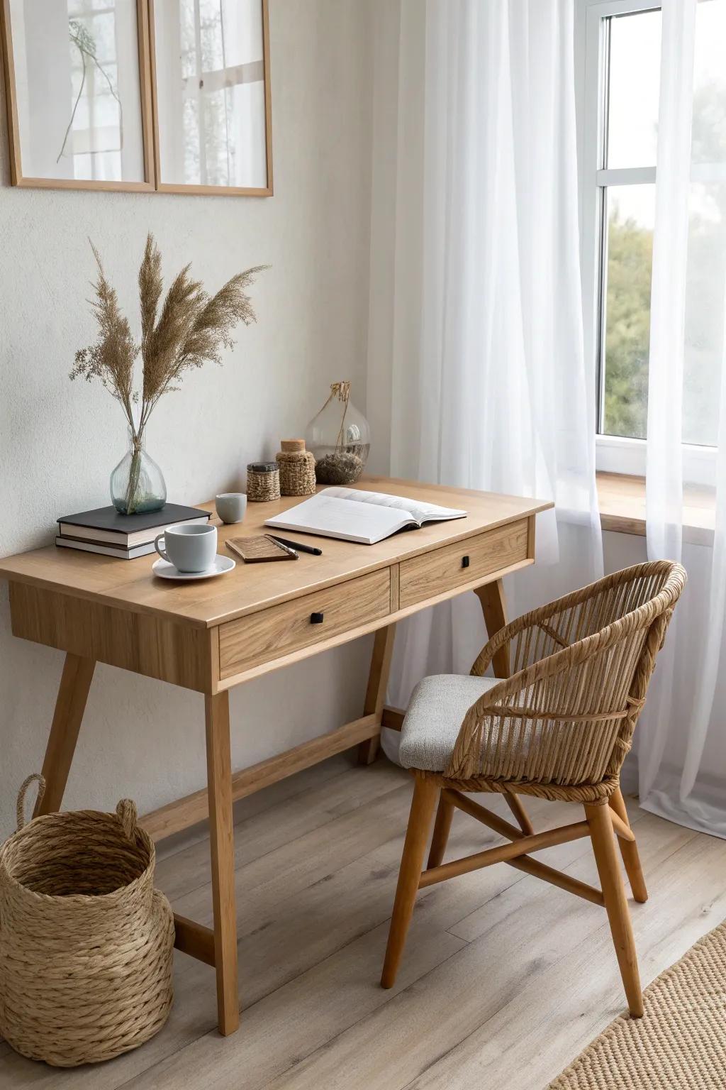A slim oak desk under the window turns a tight queen-bedroom into a bright work nook.